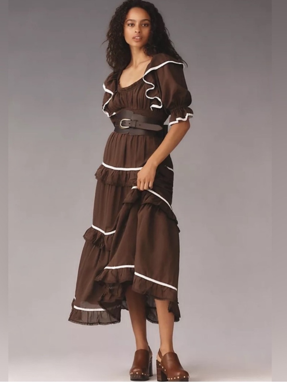 Anthropologie Chocolate Brown Ruffled Tiered Maxi Dress with White Trim